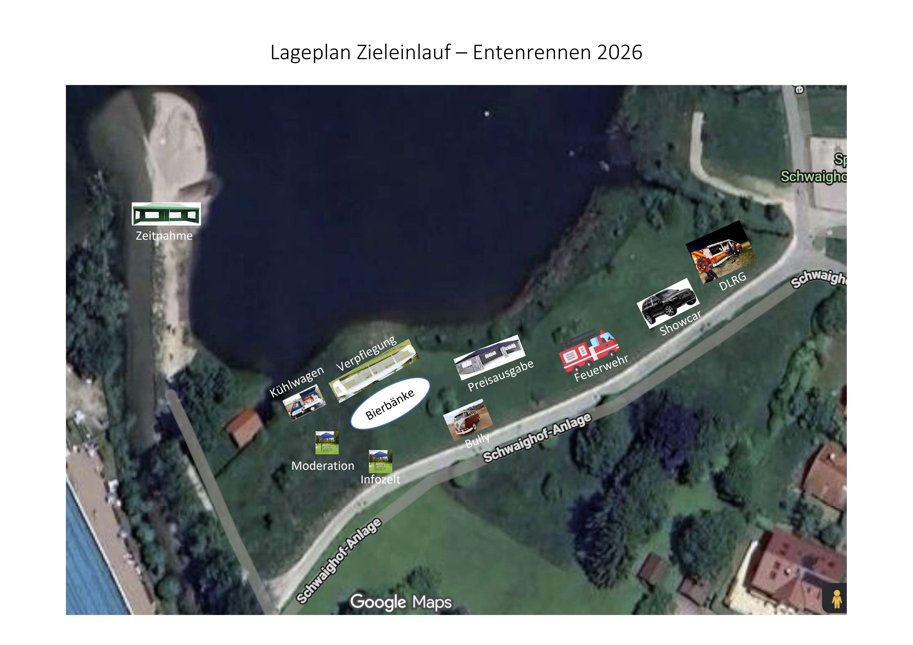 Lageplan Zieleinlauf Tegernseer Entenrennen 2026 — Schwaighofanlage Tegernsee-Süd